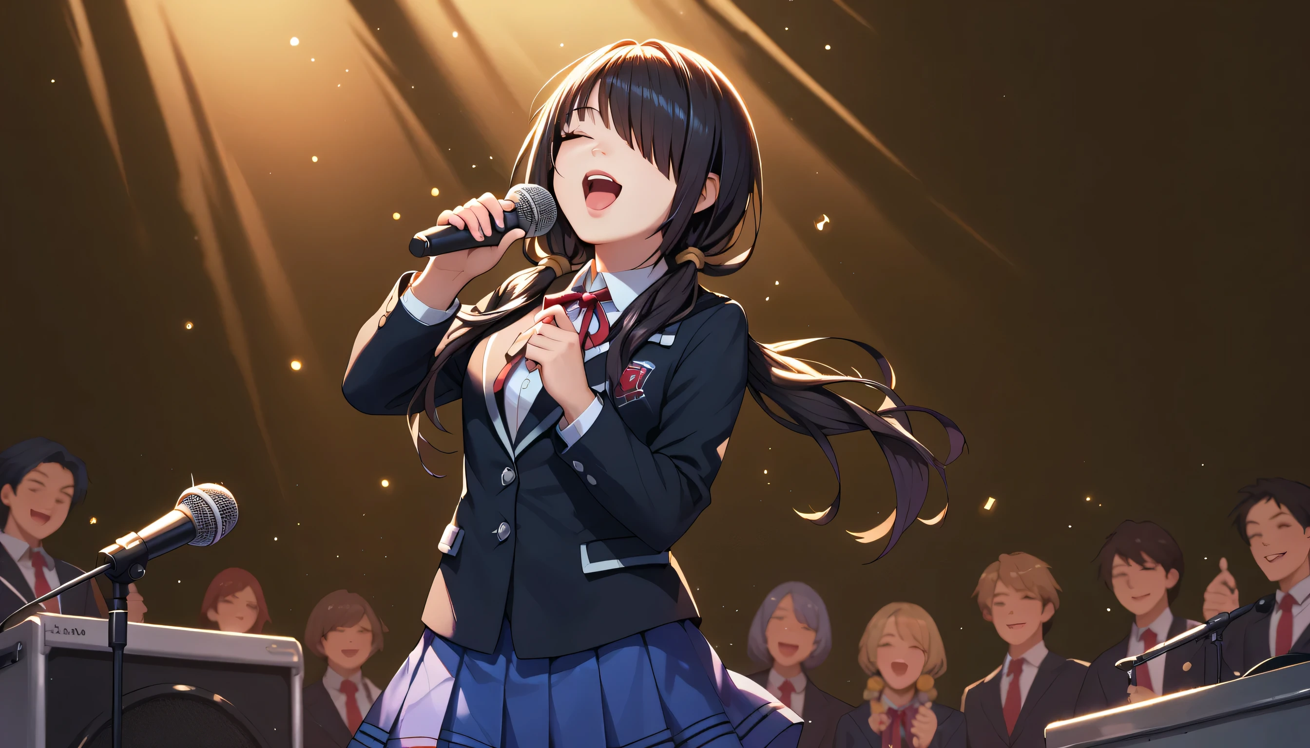 score_9, score_8_up, score_7_up, 1 girl, solo, KurumiSchool, low twintails, hair over one eye, school uniform, black jacket, blue skirt, neck ribbon, black pantyhose, cowboy shot, sing, singing, holding mic, mic, open mouth, looking at viewers, 