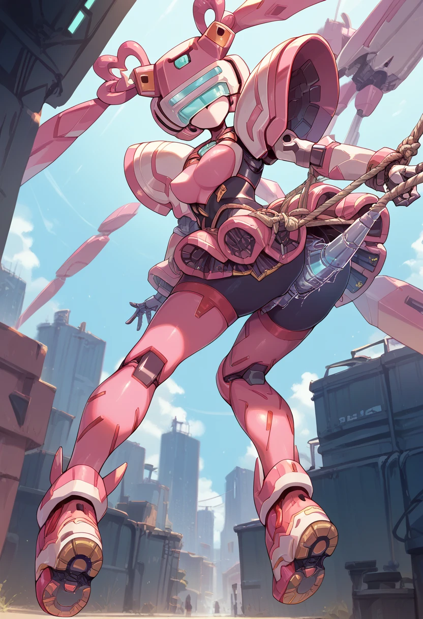 masterpiece, high definition , top quality,8k 
(twintails,mechanical girl,mechanical body,pink mini skirt,mechanical goggle,pink body color,no mouth)
(Completely naked, rope bondage)