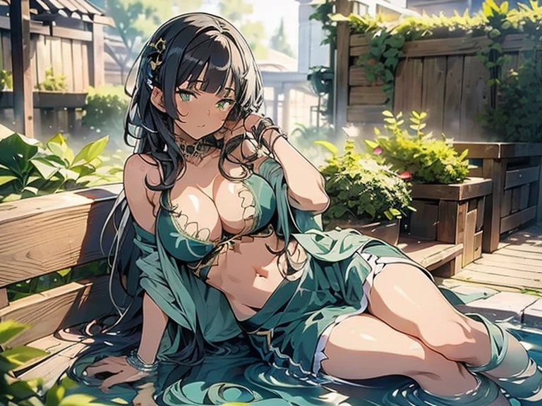 (top quality, masterpiece, high quality, ultra-delicate), ((beautiful girl)), ((Dark black hair)), mature, graceful curves, (long hair, long bangs), ((bright green eyes)), detailed eyes, bangs, ((nude with panties)), nipple,((very large breast)), sunset in the background small blush, ((thick thighs)), breast, green earrings.