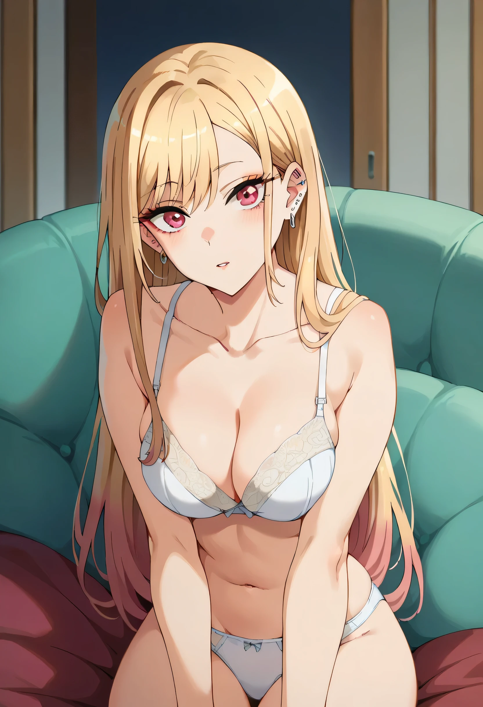 KitagawaMarin, multicolored hair, blonde hair, long hair, magenta eyes, ear piercing, earrings, makeup, medium breasts, white bra, white panties, looking at viewer, cleavage, CLEAVAGE,
