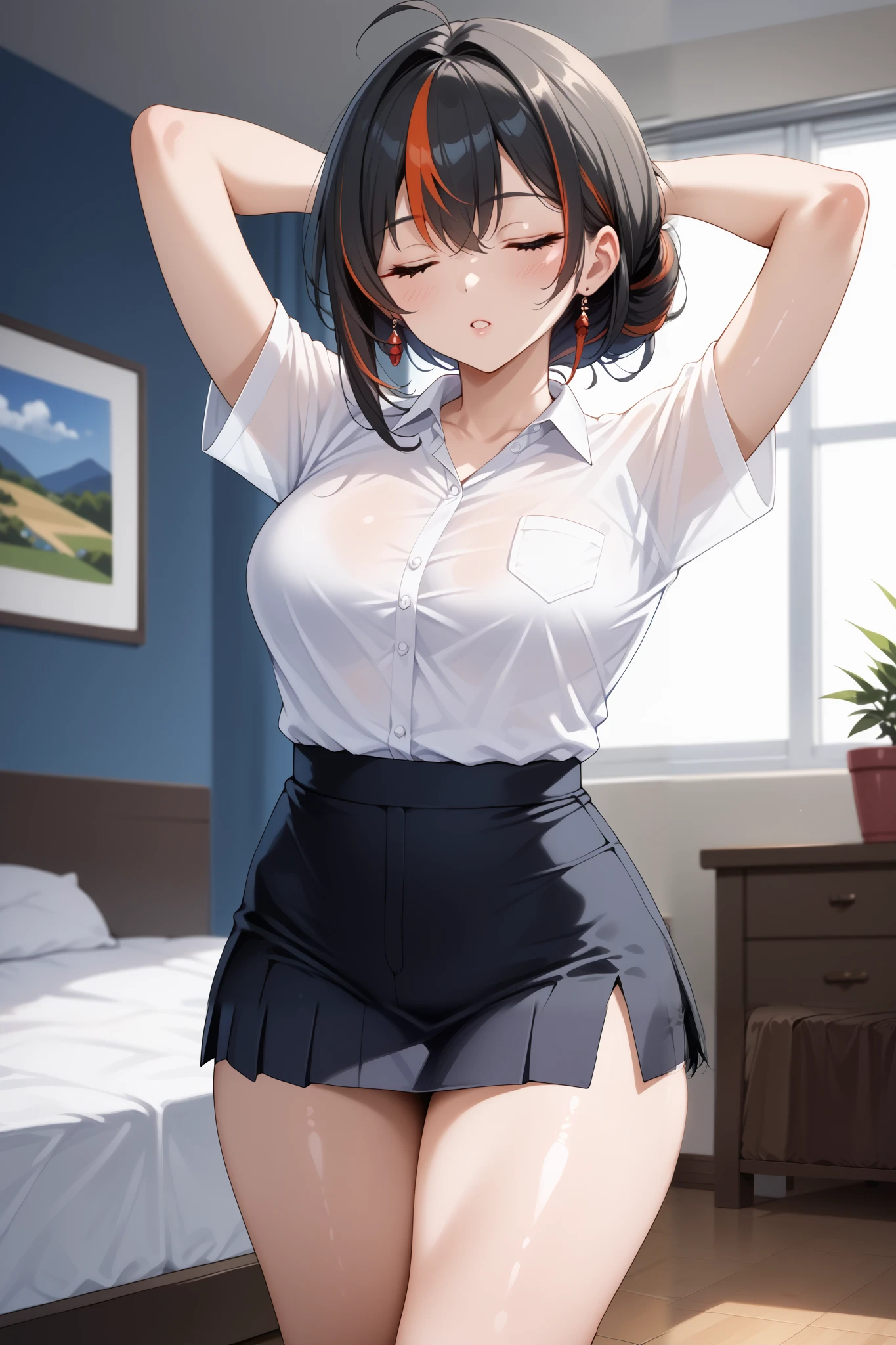 Masterpiece,high quality,2d mixed 3d, solo ,1 girl,zhu yuan,((slim body)),fullbody,stand up,looking at viewers,streaked ponytail hair,large breasts,beauty legs,arms behind back head,(slimfit white shirt),(black span skirt pants),((bed room),sleep pose