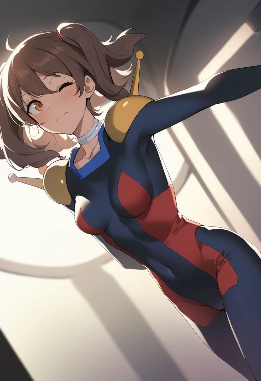 1girl, medium breasts,solo,brown hair, brown eyes, twintails,
mobile trace suit, shoulder armor,
dutch angle, cinematic angle, looking up, wince, in church dark, closed mouth,
best quality,medium quality,