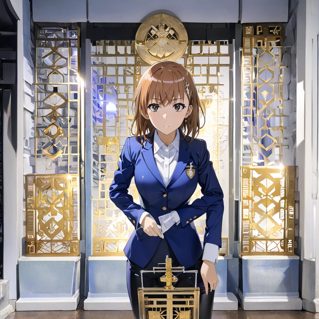 Top quality, full body, standing, from front,looking at viewer, simple background,misaka mikoto,  blazer uniform、,large breasts,Manipulate the four major elements