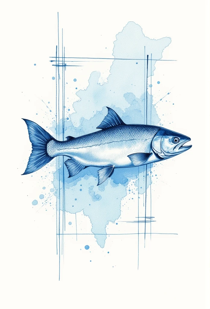   ภาพลายเส้น,ภาพวาดของ, salmon, pencil colour, (sketch picture), illustration , blue line colours, retro colour , white colour 