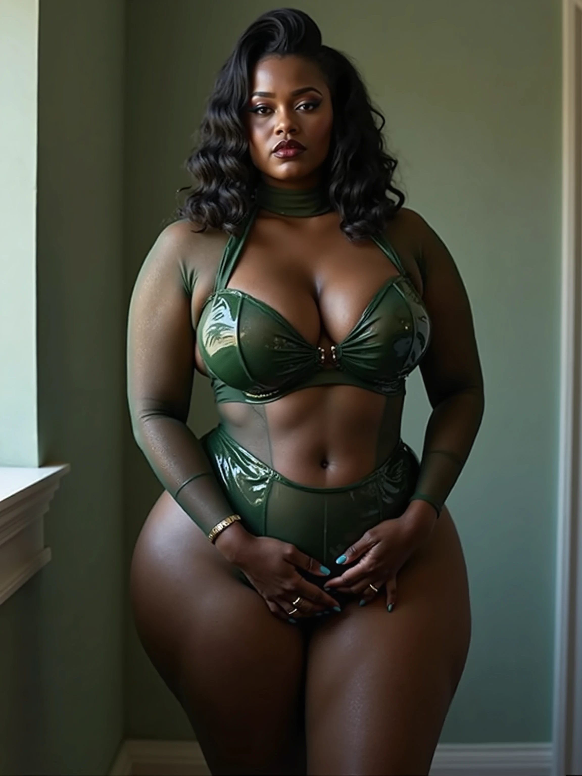 award-winning full-body professional picture of a stunning black 1supermodel, perfect face, BEAUTIFUL, ((detailed green eyes and pupil)), sexy, beautiful dress,(((hourglass body shape))), (((LARGE Voluptuous breasts:1.2))), ((wide hips)), ((thick thighs)), (toned body), muscular legs, (abs), (high detailed skin:1.2), skin pores, shiny tanned skin, sexy glossy lips, Chanel makeup, blush, Chanel mascara, vivid long strait dark red hair in a French braid, side-swept bangs, intricate detail, (Gooseberry Intimates so chic plunging one-piece swimsuit), imposing presence, powerful posture, provocative ((dynamic pose)), arched back, (blurred background), minimal background,, ((Masterpiece:1.3, 8k resolution, RAW photo, best quality, hyper-detailed)), ((digital photography, subsurface scattering, full body focus, ray tracing, 8k, UHD, dslr, soft lighting, soft colors, best quality, super detail, highres,)), ((More Detail, enhance_all, fix_everything)),