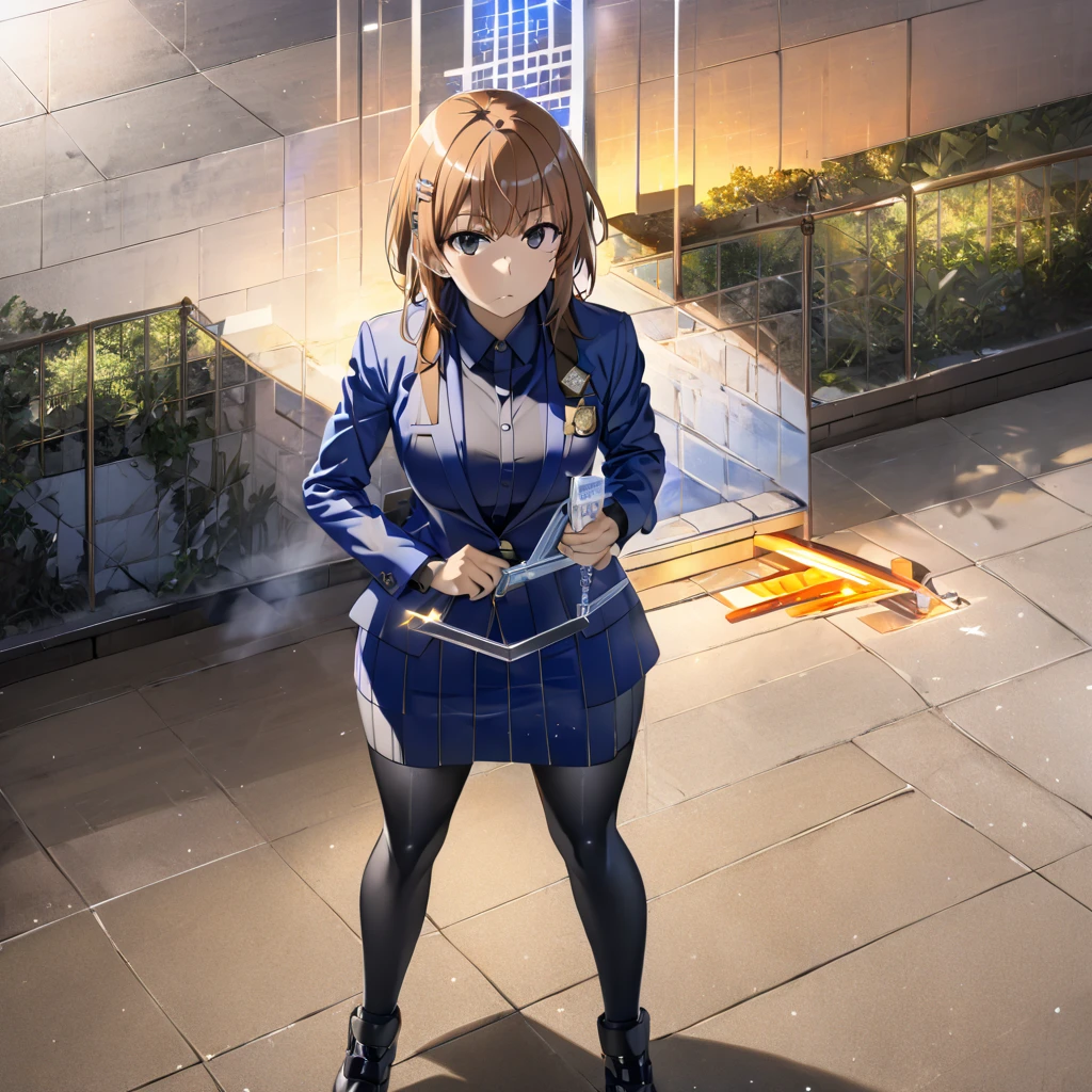 Top quality, full body, standing, from front,looking at viewer, simple background,misaka mikoto(Railgun ),  blazer uniform、,large breasts,Flame in the right hand, cold air in the left hand