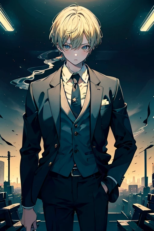 ((  Masterpiece  )), (( top quality)), ( super detailed:1.2),( depth of field),  cinematic lights, (Perfect light), male,Blonde, good style、Simple business suit、whole body, Smoking Cigarettes 