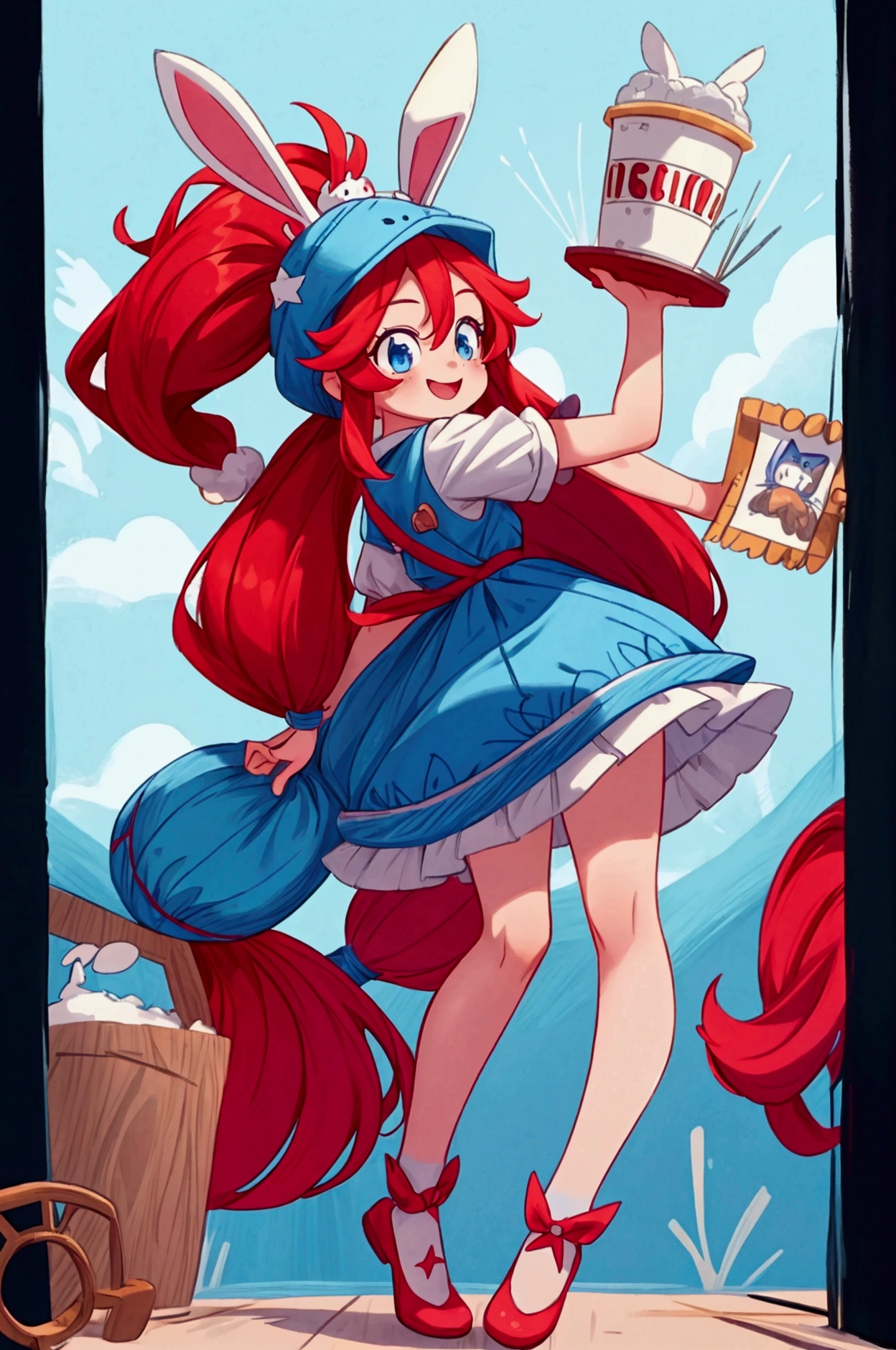 masterpiece, best quality, cinematic photo of smile, red long hair, two ponytails, blue eyes, bunny hat, , photograph, film, highres