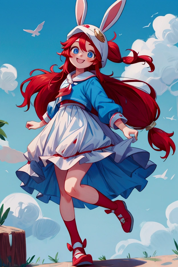 masterpiece, best quality, cinematic photo of smile, red long hair, two ponytails, blue eyes, bunny hat, , photograph, film, highres