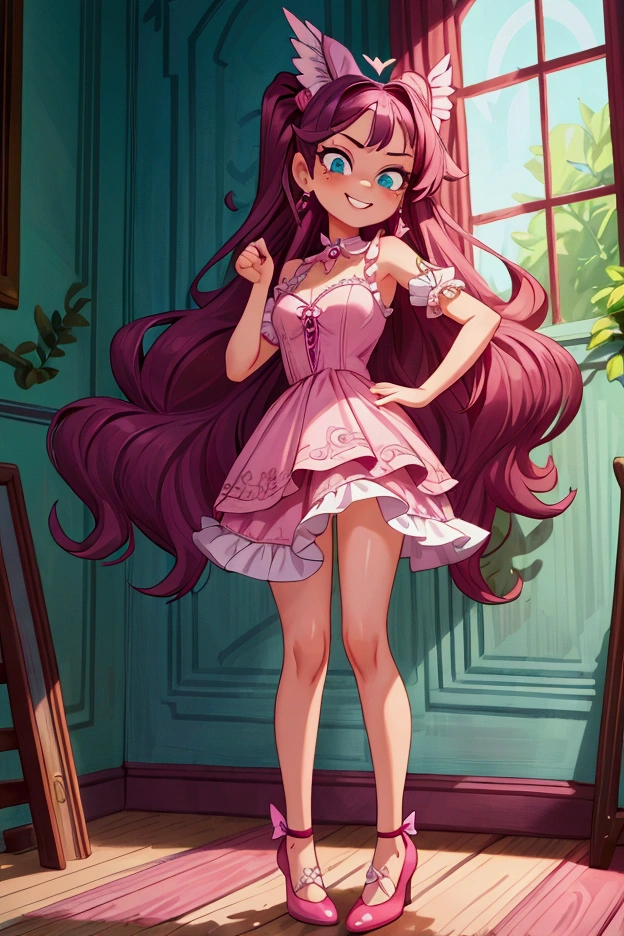 (Masterpiece, best quality) 1 girl, standing indoors with intricate details and sunlight, magenta frilled dress with short neckline, earrings, magenta shoes, diadema, green long hair, blue eyes, mischievous smile, teeth showing, bad girl, sexy pose, coquette, beautiful long legs, , gorgeous body, mole in the face, pronounced breasts.
