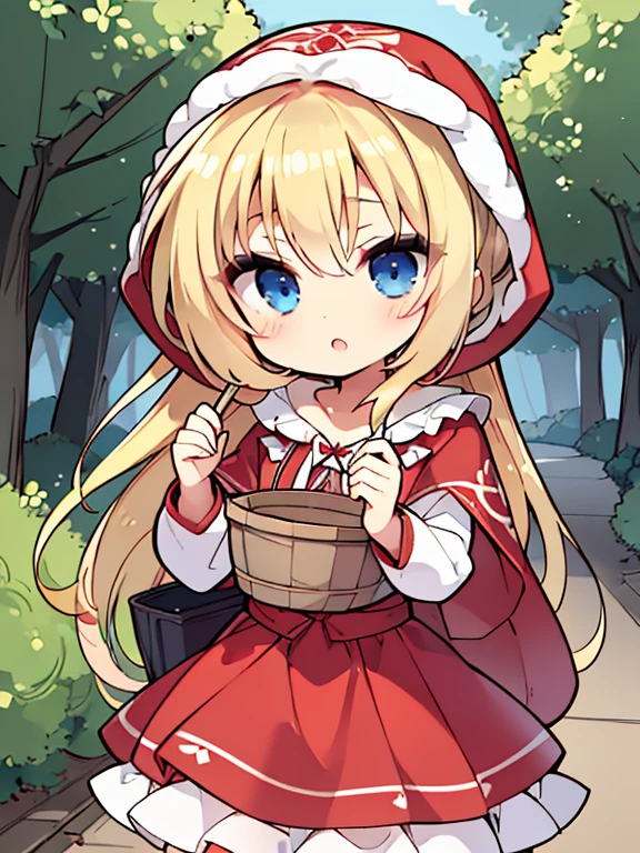 Masterpiece , top quality, very detailed, 16k, super high resolution, girl, ( Little Red Riding Hood:1.3), detailed face , blue eyes, blonde alone, woven , Red Dress , white apron, ( red hooded over his head:1.2), basket, basketの中には果物, Pose using , During a walk, chibi