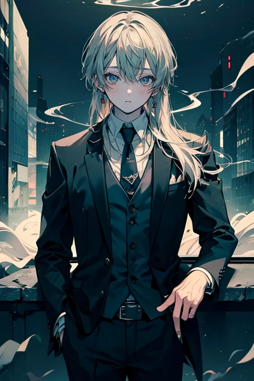 ((  Masterpiece  )), (( top quality)), ( super detailed:1.2),( depth of field),  cinematic lights, (Perfect light), male,super long gray hair, good style、Simple business suit、whole body, Smoking Cigarettes 