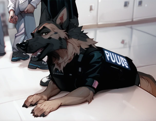 score_9, score_8_up, score_7_up, score_6_up, adult, very long haired, German shepherd, bulletproof vest, anthropomorphic, furry, airport, human type body