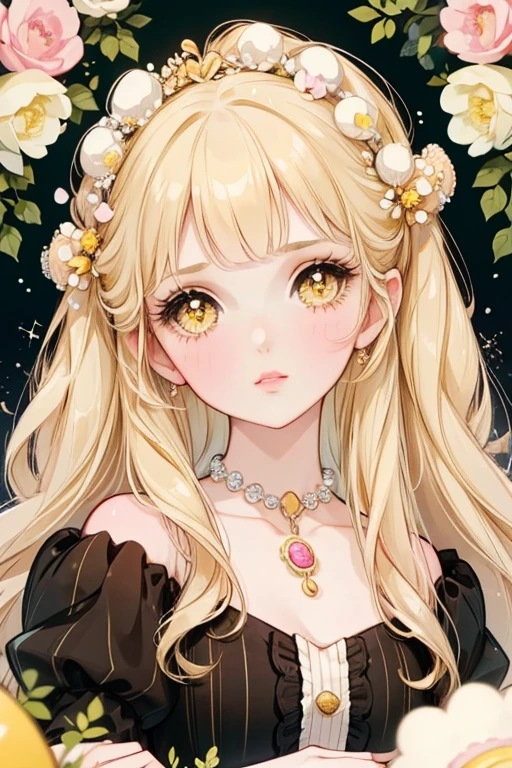  Beautiful girl shoulder-length hair ,  brown blonde wavy hair messy,  golden yellow eyes, super detailed big eyes and lips, cupid bow lips, blushing, long eyelashes,makeup douyin, focus on eyes, full of flowers, pearls, and jewelry. Eating macaron
