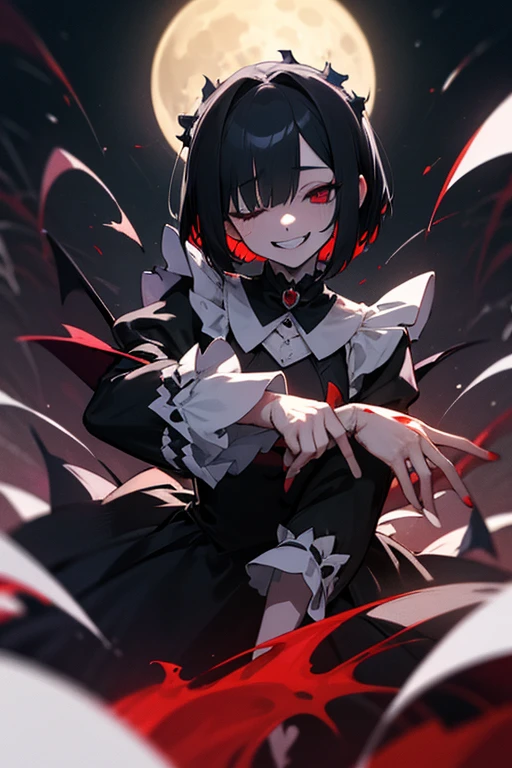 Pile of s, closes the eye, black hair, short bob , white skin, slender ,woman,Blind, closes the eye,Black long sleeve maid outfit,Full moon night,Crazy smile like your mouth is torn,vampire,Bloody Hands,devilish smile,