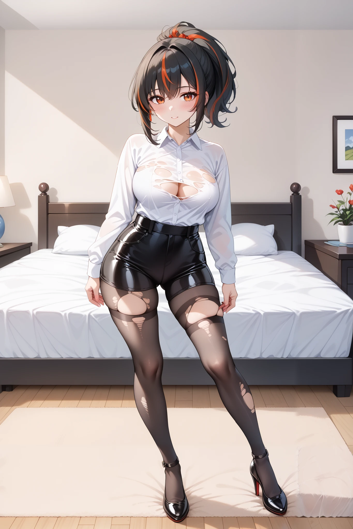 Masterpiece,high quality,2d mixed 3d, solo ,1 girl,zhu yuan,((slim body)),fullbody,stand up,looking at viewers,streaked ponytail hair,large breasts,beauty legs,(slimfit white shirt),(ripped stocking),((bed room)