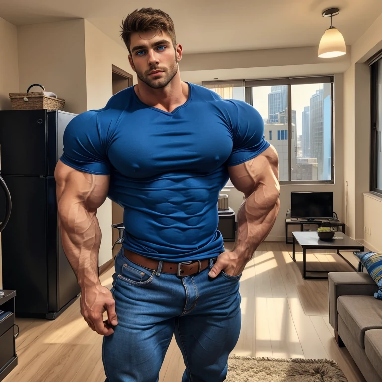 a caricature of a man with a muscular body and a hairy belly, meatloaf pose, muscular gigachad, cuerpo robusto y well-built, thick, exaggeratedly large physique, well-built, muscular!!, very fond, medium shot of a handsome man, Heroic male pose, Muscular male, tall and muscular, big muscle, fleshy muscles, hairy chest, (furry++) Tight jeans, bulging underwear.