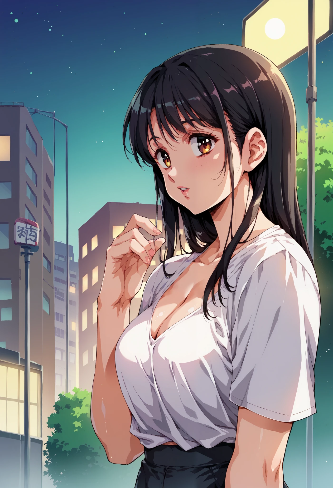 A black-haired woman looking out over the city of Tokyo,Night starry sky,Streetscape、listen to music、Japanese　Black Hair　Cleavage Skyscraper City　Wear a white Y-shirt