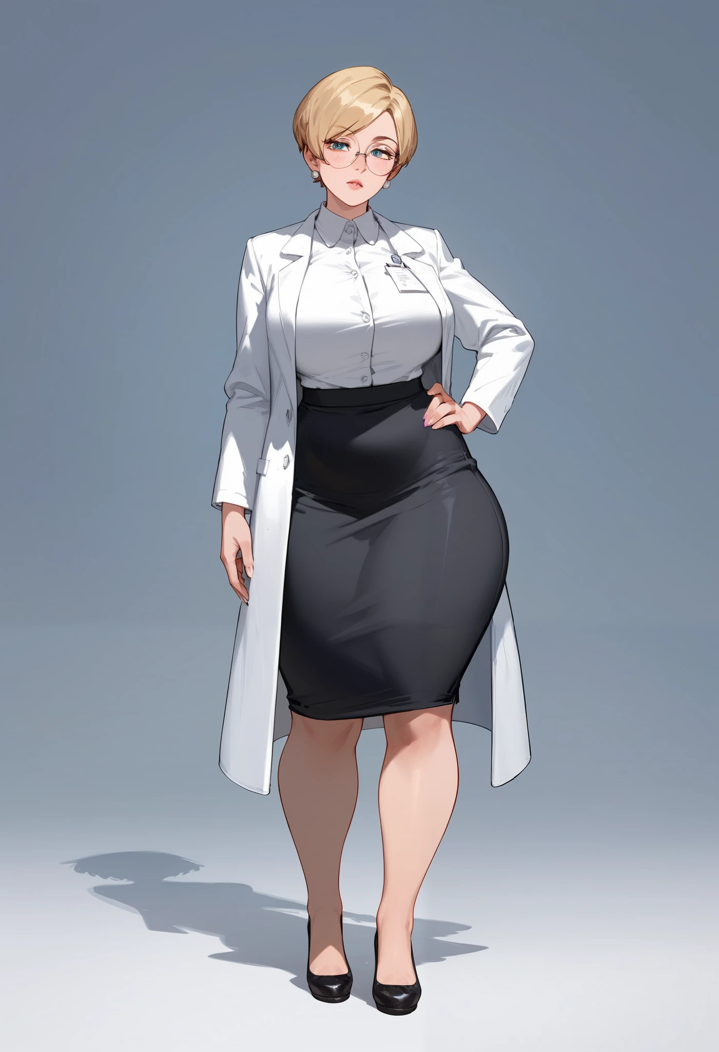 (score_9,score_8_up,score_7_up) 1lady, mature female, adult woman, very short hair, round face, pixie cut hairstyle, blonde hair, wearing glasses, white button up shirt, white lab coat, tight long pencil skirt, very long skirt, long black pencil skirt, half lidded eyes, hand on hip, blank expression, pale, thick thighs, ballerina flats shoes, black footwear, wide hips, standing upright, full body shown, thick legs, massive thighs, older woman,voluptuous, hourglass bodyfigure, long fingernails, natural nails