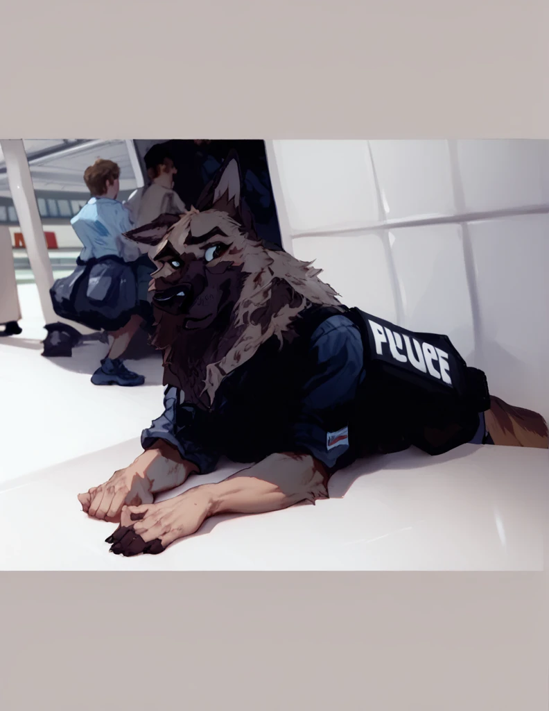 score_9, score_8_up, score_7_up, score_6_up, adult, very long haired, German shepherd, bulletproof vest, anthropomorphic, furry, airport, human type body