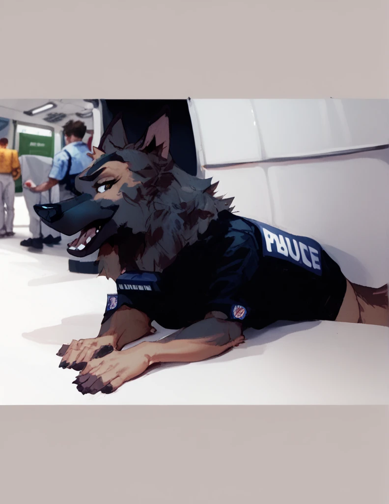 score_9, score_8_up, score_7_up, score_6_up, adult, very long haired, German shepherd, bulletproof vest, anthropomorphic, furry, airport, human type body