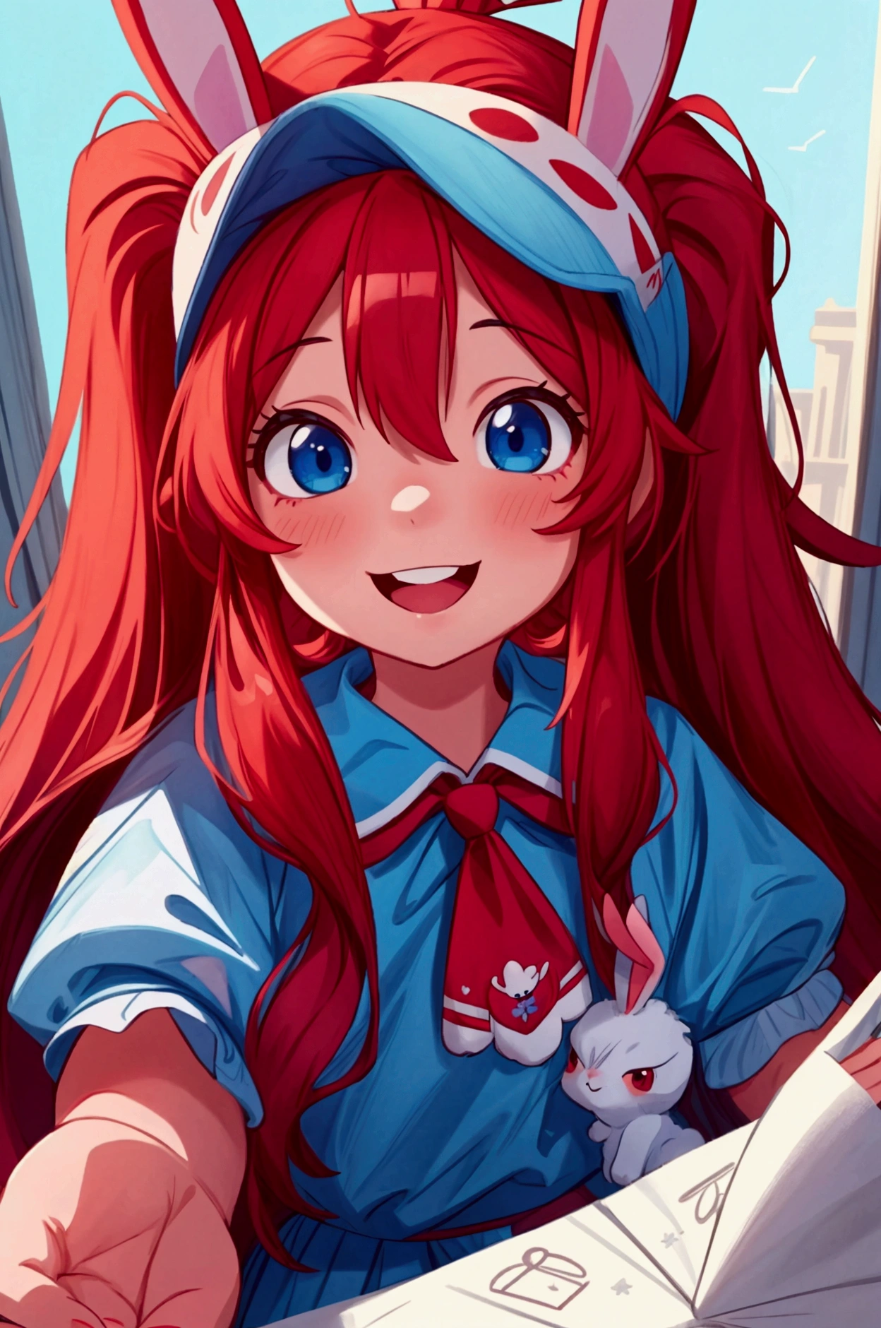 masterpiece, best quality, cinematic photo of smile, red long hair, two ponytails, blue eyes, bunny hat, , photograph, film, highres