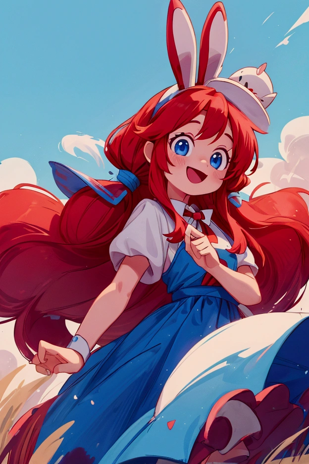 masterpiece, best quality, cinematic photo of smile, red long hair, two ponytails, blue eyes, bunny hat, , photograph, film, highres