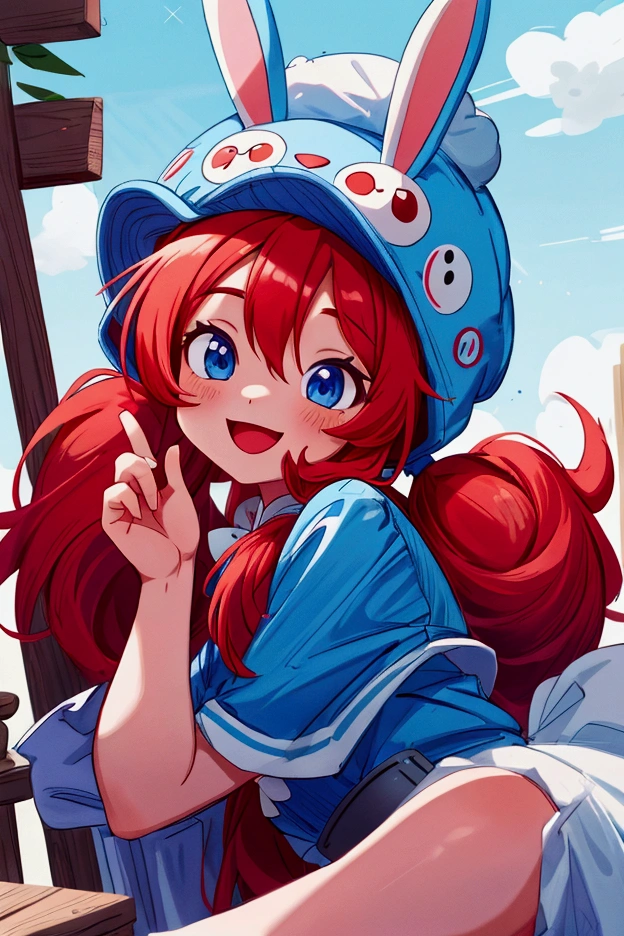 masterpiece, best quality, cinematic photo of smile, red long hair, two ponytails, blue eyes, bunny hat, , photograph, film, highres