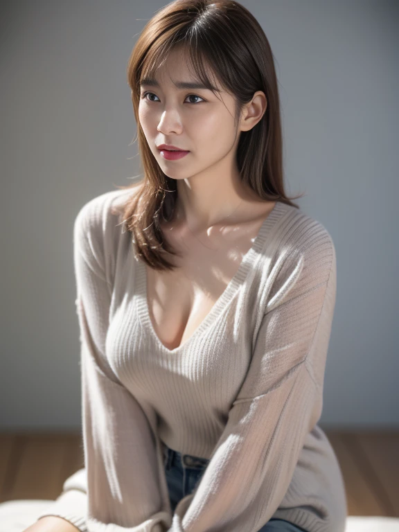 High resolution, masterpiece, Irritated skin, Very detailed, Photorealistic, Professional Lighting, Written boundary depth, sharp, (Gray background), (Front view：1.2),(Japanese Mature, 38 year old women are sexy:1.0), Detailed face, Beautiful Eyes, bangs, Shapely large breasts, Light brown straight hair, Faint lips, (Catch Eye:1.3),((Stand in front、Look at the audience, Serious face eyes,)), (Ultra-thin sweater:1.2), theta, Full body photo, Cowboy Shot、 Big Breasts 、Nipples、 facing the front 、Red lipstick、(( crying with tears)), wide open chest 、 cute woman sitting、