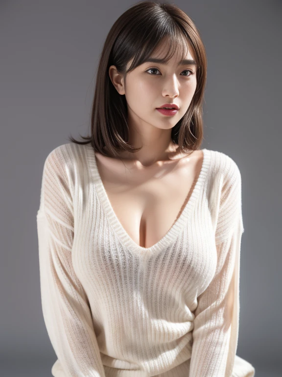 High resolution, masterpiece, Irritated skin, Very detailed, Photorealistic, Professional Lighting, Written boundary depth, sharp, (Gray background), (Front view：1.2),(Japanese Mature, 38 year old women are sexy:1.0), Detailed face, Beautiful Eyes, bangs, Shapely large breasts, Light brown straight hair, Faint lips, (Catch Eye:1.3),((Stand in front、Look at the audience, Serious face eyes,)), (Ultra-thin sweater:1.2), theta, Full body photo, Cowboy Shot、 Big Breasts 、Nipples、 facing the front 、Red lipstick、(( crying with tears)), wide open chest 、 cute woman sitting、