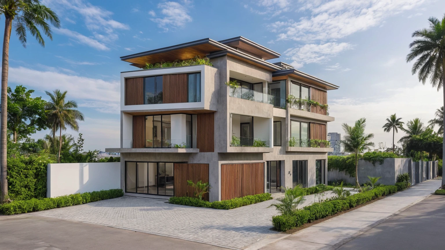 Modern, luxurious 3-storey villa with contemporary architectural design. The house has a sloping roof, large glass windows and wooden details. The facade combines light gray first-floor stone, dark brown vertical wooden panels and clean white. The property is surrounded by lush palm trees and ornamental plants, adding to the tropical feel. The entrance consists of a wooden gate and a low concrete boundary wall. The villa is located under clear blue skies, creating a peaceful and stylish atmosphere.,(sunset:1.2) (lightnight:1.2) vivid colour, (realistic:1.2),