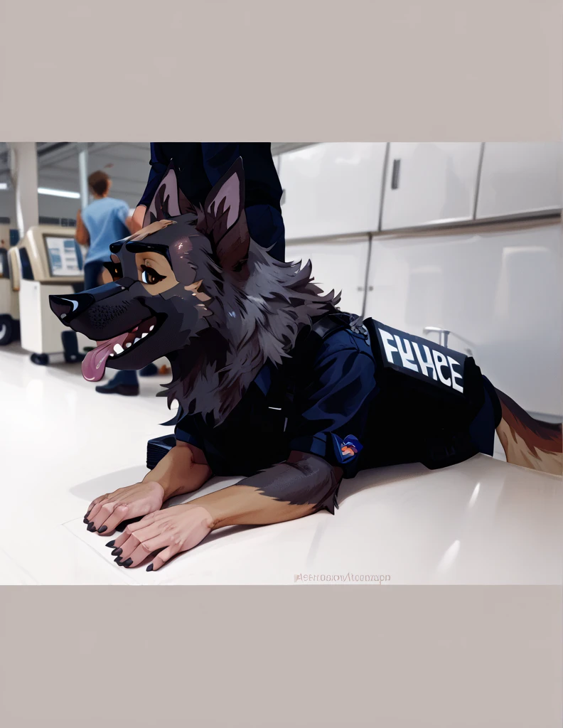 score_9, score_8_up, score_7_up, score_6_up, adult, very long haired, German shepherd, bulletproof vest, anthropomorphic, furry, airport, human type body