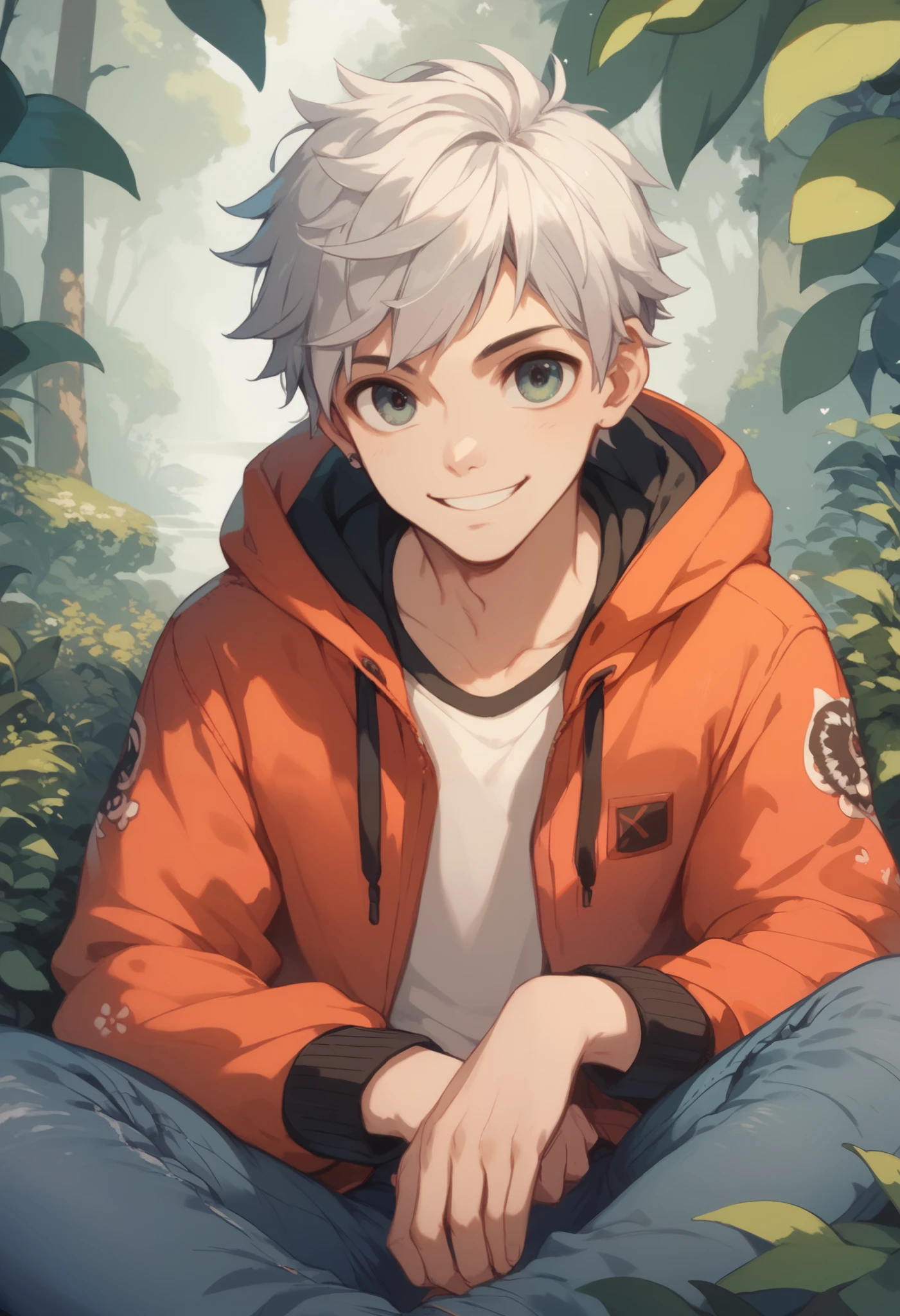  a boy with a neutral face, semi-short, silver hair 。 who likes games and is prone to withdrawal is standing in a natural style。Clothes are hoodies and jeans 。Standing with the body facing the front and hands down。Smile with big eyes。Sitting properly。