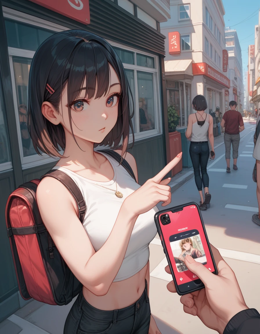 ((anime style, detailed finger)), 1 woman, dynamic angle, street, stand, sleeveless shirts, cropped pants, pumps, (watching smartphone)