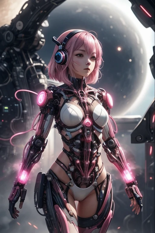 anime artwork, Sp01, 1girl,18 years old,pink hair, looking at viewer,  steam powered biomech suit, , futuristic, cyberbrep, translucent sheer lingerie, listen music with headset
spaceship,universe,galaxy,sun flare,moon,futuristic city, 