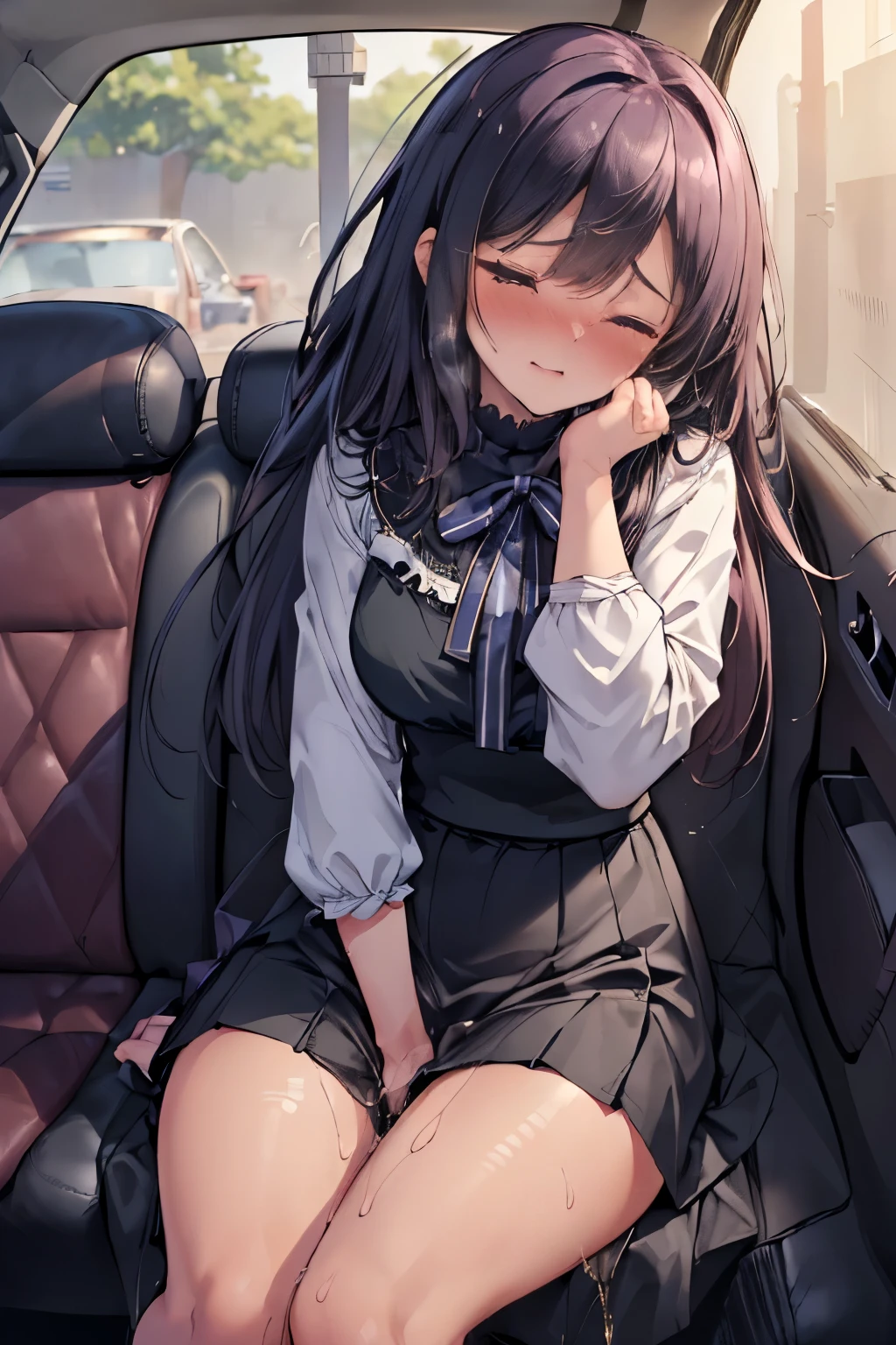 (8K, ultra-detailed, best quality, anatomically perfect body:2), (beautiful breast:1.2), shiny skin, (1 girl), (have to pee), (desperate urge to pee), (very desperate to pee), (her bladder is at its limit:1.5), (in the car, sitting very shallowly:1.6), (She wants to stand up so she lifts her hips from seat:1.2), (fidgeting:1.5), wetting self, (blouse, maxi skirt:1.6), (pantyhose:1.3), ankle boots, panty pull, (Untidy hair:1.4), (She knead her crotch very hard:1.6), (leaning forward), (Close your thighs tightly:1.8), (shrugs:1.7), (orgasm:1.5), (full face blush:1.7), (embarrassment:1.6), (impatience:1.7), (flustered:1.5), (flowing sweat:0.7), (twist whole body:1.4), (panting), breathless, (Humiliation), (Erotic feelings), (closed eyes:0.95), (She is very arousal to hold pee), (tear), looking away, (head tilt:1.1), (parted lips:1.1), (SIGMA 105 mm F/2.8, 1/100 sec shutter, award-winning), (from side), nsfw,