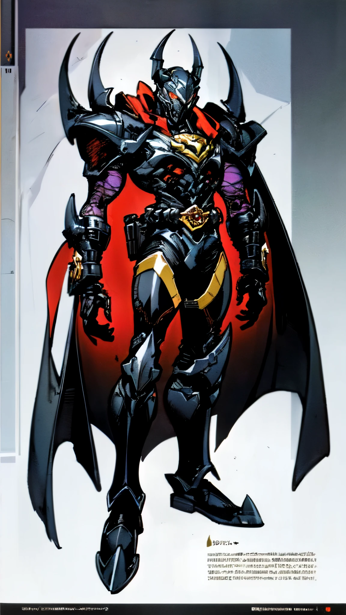 (masterpiece:1.5, best quality:1.5, extremely delicate:1.5), ((male:1.5)), a man wearing a full-face helmet, high-tech biomimetic armored combat suit, (a composite layered chest armor), the design balances heavy with agility, fully enclosed shoulder guards, matching arm and leg guards, a belt of gemstone, (the color scheme is primarily Red with Purple and Yellow accents, Organic Biotech, Concept Inspired by Vampire, glowing eyes, armor glows, huge cloak like devil wings, blood), stand of a futuristic sci-fi city, this character embodies a finely crafted fantasy-style armored hero in anime style, exquisite and mature art style, metallic, high definition, highres, ultra-detailed, ultra-fine painting, professional, perfect body proportions, golden ratio, anatomically correct, symmetrical face, extremely detailed eyes and face, high quality eyes, creativity, RAW photo, UHD, 32k, Natural light, cinematic lighting, (masterpiece-anatomy-perfect:1.2)