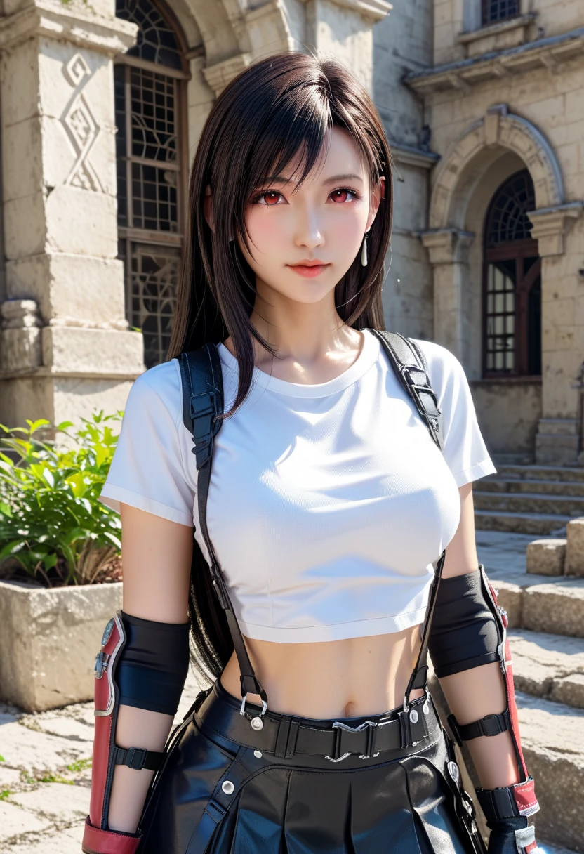  ultra-realistic pictures 、 RAW photos 、 realism、 3d rendering、 Unity Engine 、 Holographic 、BRAEK 1 GIRL,  Tifa Lockhart,  Final Fantasy, long black 髪, red eyes,  White Crop Top , Elbow pads, Fingerless gloves,  suspenders,  white t-shirt ,  short skirt ,   Mini Skirt, BRAEK Ruins 、night、outside、 waves、 bust up