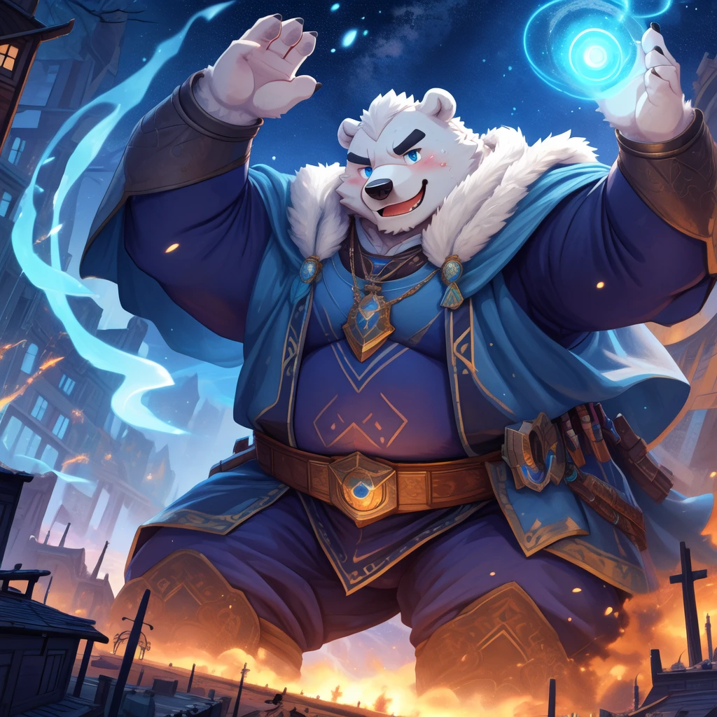 New Jersey 5 Furry，polar bear， white plush fur ， facing camera ，Exquisit， masterpiece,  high quality, Absurd,   soft light, Lonely, Clothing, mage,  detailed background , The, Middle Ages, Dynamic poses, magic, Elemental magic, Luminescent ,  battlefield ，sweat，smile,  Character focus.  detailed background ,  amazing background ,particles.masterpiece， highest image quality ,4k quality，sweat,  Blush. oily，Lonely，pummelig，Fat，thick arms， Sturdy muscles ， white plush fur ， chubby ，  wear black eyebrows ， sky blue eyes ，bart，cover,  high resolution , Top quality,  best quality, Clothing, mage,  detailed background , The, Middle Ages, Dynamic poses, magic, Elemental magic, Luminescent ,  battlefield ，smile，(Massiv:3.0, (  heavyweight ,stark,Macro, Emphasize ))