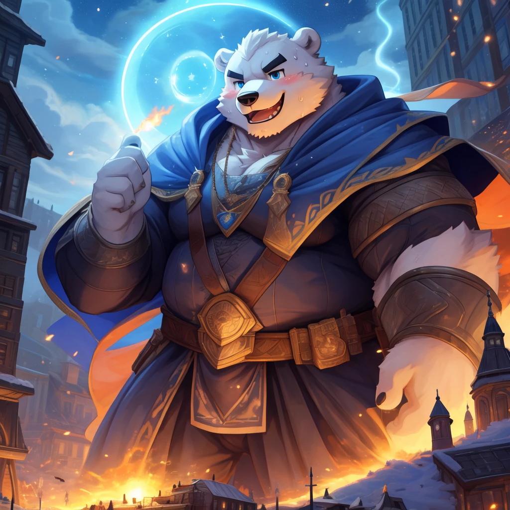 New Jersey 5 Furry，polar bear， white plush fur ， facing camera ，Exquisit， masterpiece,  high quality, Absurd,   soft light, Lonely, Clothing, mage,  detailed background , The, Middle Ages, Dynamic poses, magic, Elemental magic, Luminescent ,  battlefield ，sweat，smile,  Character focus.  detailed background ,  amazing background ,particles.masterpiece， highest image quality ,4k quality，sweat,  Blush. oily，Lonely，pummelig，Fat，thick arms， Sturdy muscles ， white plush fur ， chubby ，  wear black eyebrows ， sky blue eyes ，bart，cover,  high resolution , Top quality,  best quality, Clothing, mage,  detailed background , The, Middle Ages, Dynamic poses, magic, Elemental magic, Luminescent ,  battlefield ，smile，(Massiv:3.0, (  heavyweight ,stark,Macro, Emphasize ))