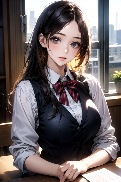 1girl, matured female, vest, bow, best quality, hires, detailed face, long hair, big tits, office, buildings from window, detailed background, diffused sunlight, depth of field, bokeh