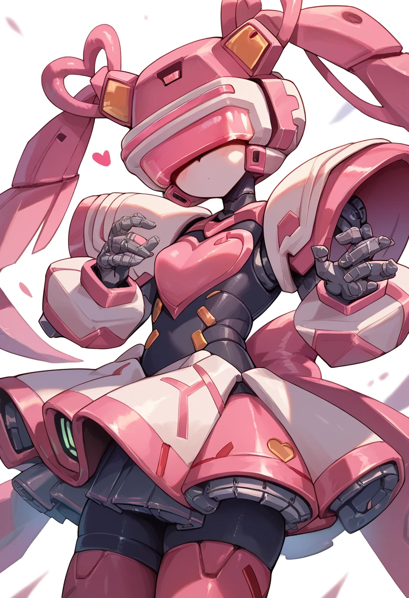 masterpiece, high definition , top quality,8k 
(twintails,mechanical girl,mechanical body,pink mini skirt,mechanical goggle,pink body color,no mouth)
(Heart symbol with hands)