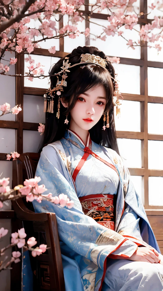 portrait，An ancient Chinese woman ，Bangs, long hair,  wearing an ancient Chinese costume ，Cherry blossom dress ， sitting on a chair ， looking at cherry tree outside bamboo window，