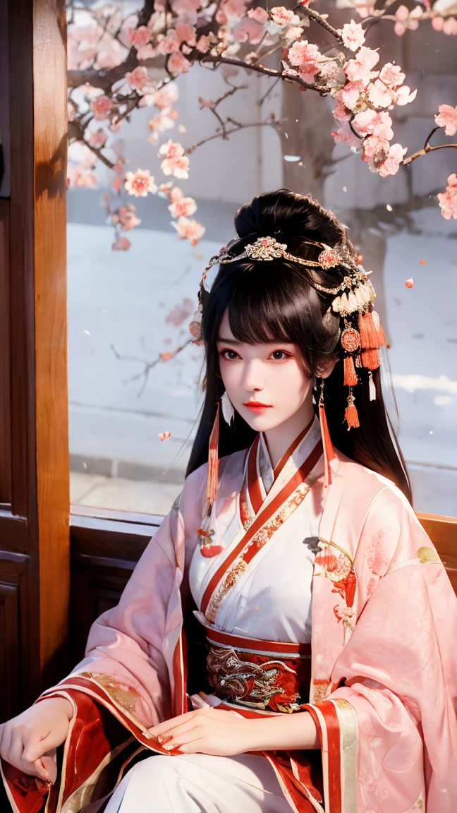 portrait，An ancient Chinese woman ，Bangs, long hair,  wearing an ancient Chinese costume ，Cherry blossom dress ， sitting on a chair ， looking at cherry tree outside bamboo window，