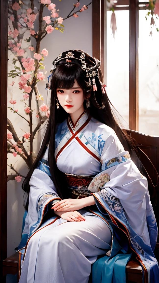 portrait，An ancient Chinese woman ，Bangs, long hair,  wearing an ancient Chinese costume ，Cherry blossom dress ， sitting on a chair ， looking at cherry tree outside bamboo window，