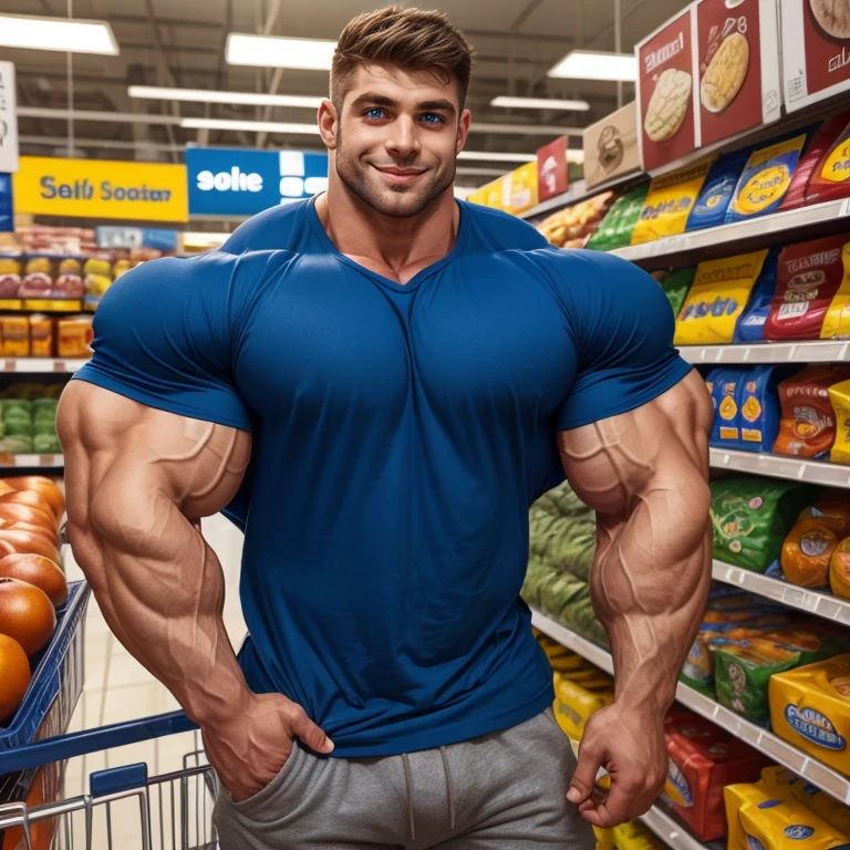 Handsome tall masuculine bodybuilder 30 years old INDIAN GURJAR with huge bulge doing shopping in supermarket weared Gym tank outfit shaker tumblr in hand, wrist indian band 