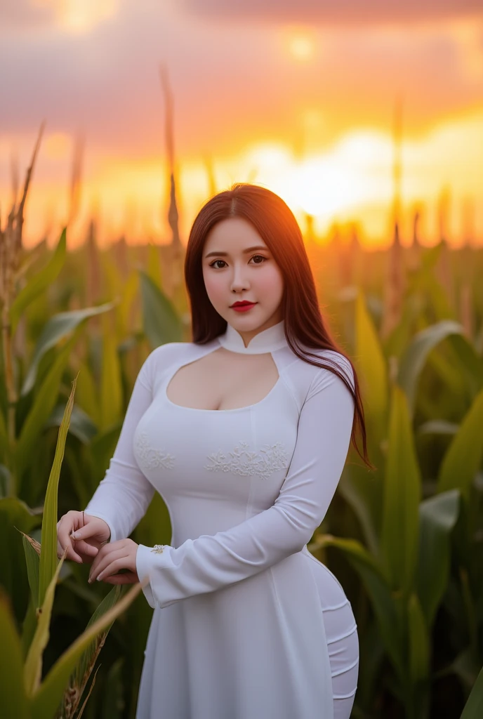 ((Vietnamese girl wearing white ao dai, super big breasts, showing cleavage, chubby body, really cute face, high quality detailed photo, 8k HDR photo, super big breasts, cleavage, standing at a top-down camera angle in a corn field, afternoon sunset, lush corn field))