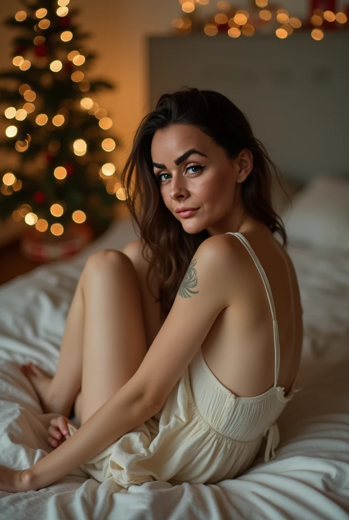 a beautiful young woman ((Lorde Ella Marija Lani Yelich-O'Connor, age 25), wearing an airy sheer Christmas night gown (shoulders exposed, open down the middle) , nude except for open night gown, her intimate areas partially exposed (pubic hair shaved)and very detailed), lying on a bed playing with a baby bunny and teasing the viewer, glamour shoot, Christmas scene (best quality, 4k, 8k, highres, masterpiece:1.2), ultra-detailed, (realistic, photorealistic, photo-realistic:1.37), HDR, UHD, studio lighting, ultra-fine painting, sharp focus, physically-based rendering, extreme detail description, professional, vivid colors, bokeh, portrait, figurative, intimate, sensual, cozy, Christmas, warm lighting, chiaroscuro (show her entire body, show all of her)
