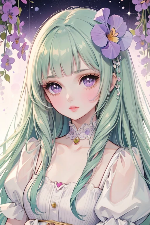  Beautiful girl silky straight long green hair , hime cut,  blunt bangs  bright purple eyes, super detailed big eyes and lips, cupid bow lips, blushing, long eyelashes,makeup douyin, focus on eyes, full of purple iris flowers, amethys Jewel, chocolate.
