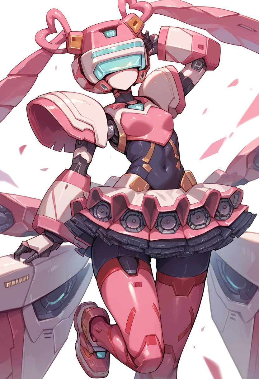 masterpiece, high definition , top quality,8k 
(twintails,mechanical girl,mechanical body,pink mini skirt,mechanical goggle,pink body color,no mouth)
( Dynamic Poses )